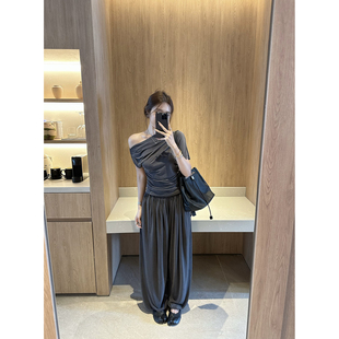 NanaByNana【勒斯花园】铜氨丝斜肩荡领上衣女夏垂感休闲裤套装