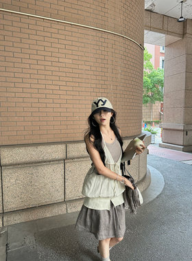 NanaByNana【半夏微风】苎麻挂脖吊带背心女夏季叠穿T恤两件套