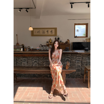 NanaByNana【明媚夏日】法式v领碎花连衣裙女夏收腰度假雪纺长裙