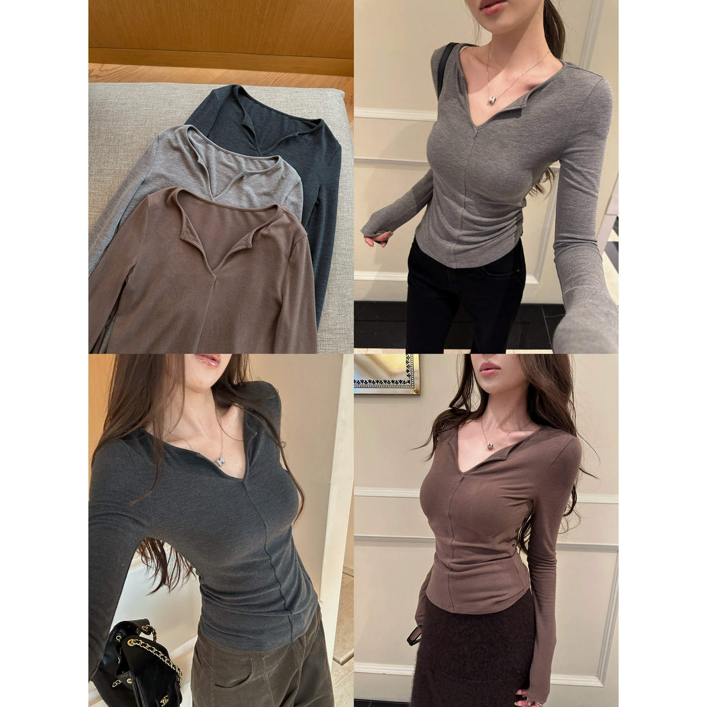 NanaByNana【裸感奶油Tee】中线分割v领磨毛长袖t恤女冬内搭上衣