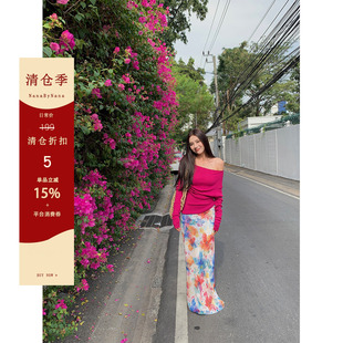 【5折粉丝福利】双层印花半身裙女早春开叉雪纺修身长裙
