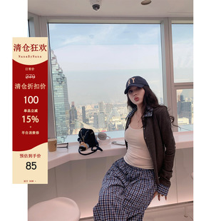 【3折粉丝福利】羊毛针织开衫女春秋可拆卸领格子拼接上衣