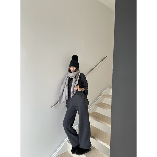 NanaByNana【格调伦敦】华夫格针织衫套装女冬季宽松阔腿裤两件套