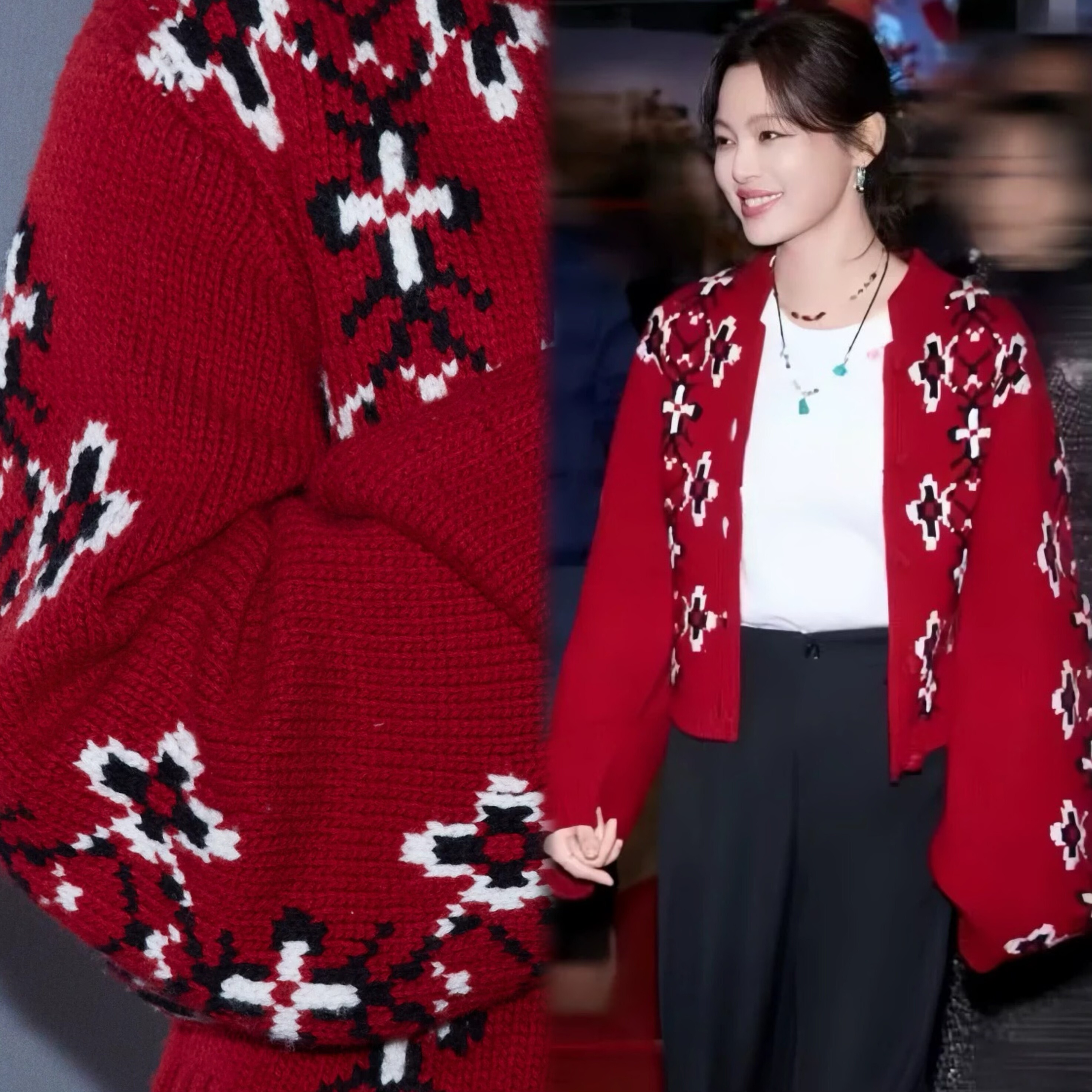 辛芷蕾同款小众立领大红色针织毛衣开衫外套女花朵提花宽松上衣冬