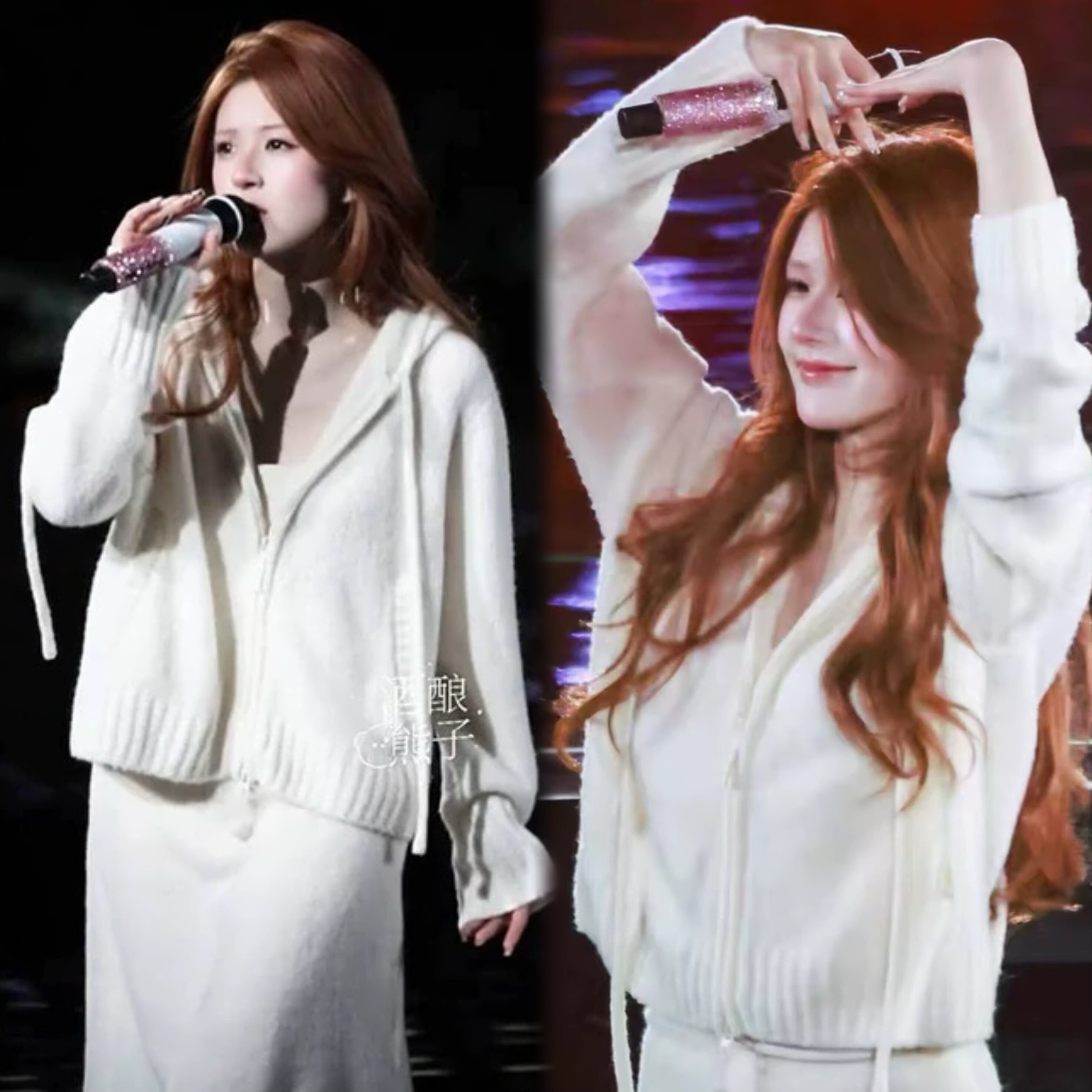 赵露思明星同款米白色连帽拉链针织毛衣外套女秋冬新款高腰半身裙