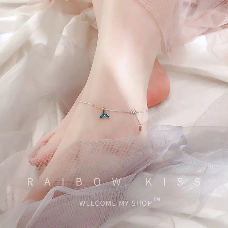 s925纯银灵动蓝色鱼尾设计脚链女 森系简约优雅少女秀气百搭脚饰