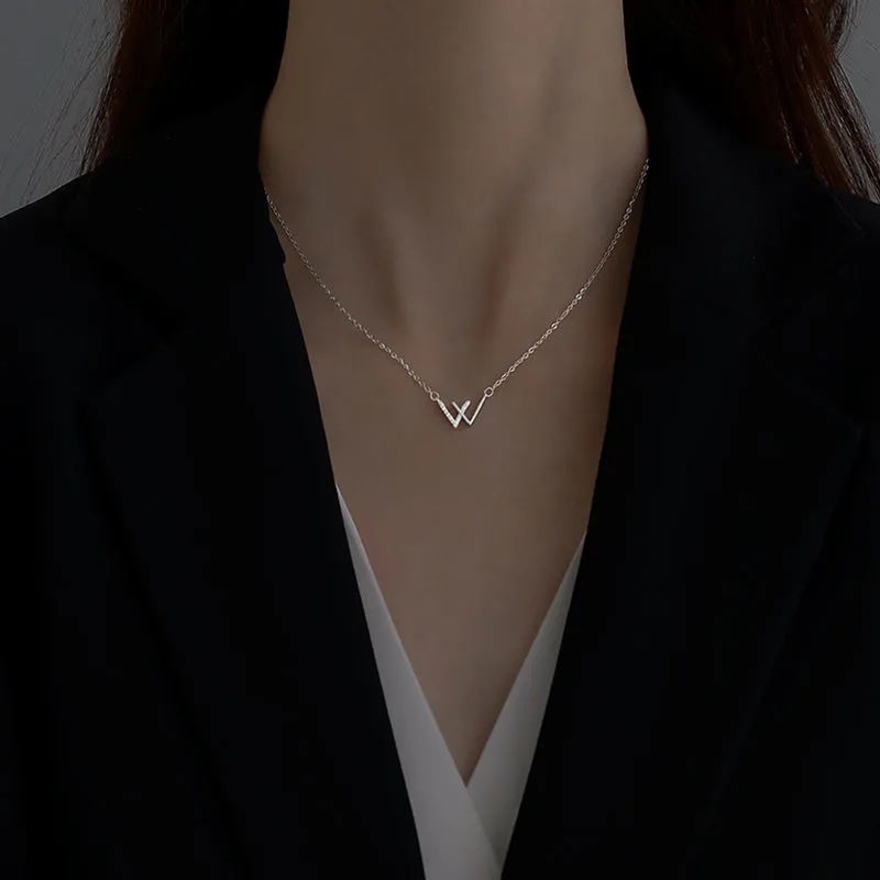 925纯银w字母日式轻奢异地恋项链女高级感闪钻锁骨项链送女友闺蜜