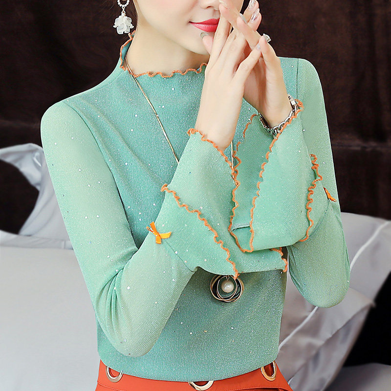 牛油果绿体恤2020秋装新款女装喇叭袖上衣 内搭长袖打底衫洋气T恤