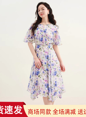 珂莱商场同款2025夏季新款圆领短袖碎花中长款连衣裙子 KF10430Q5