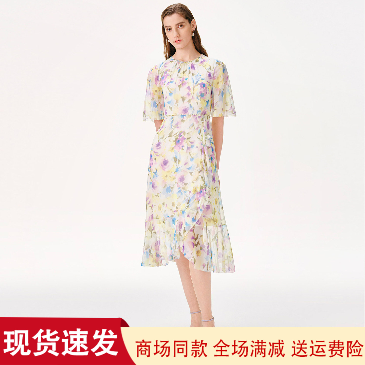 夏季度假桑蚕丝印花短袖连衣裙女