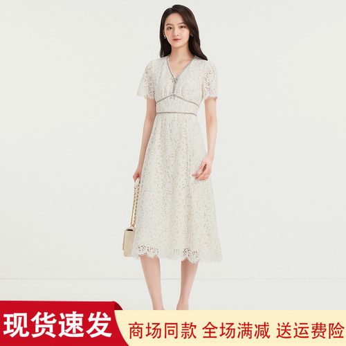 夏季新款蕾丝显瘦V领短袖连衣裙