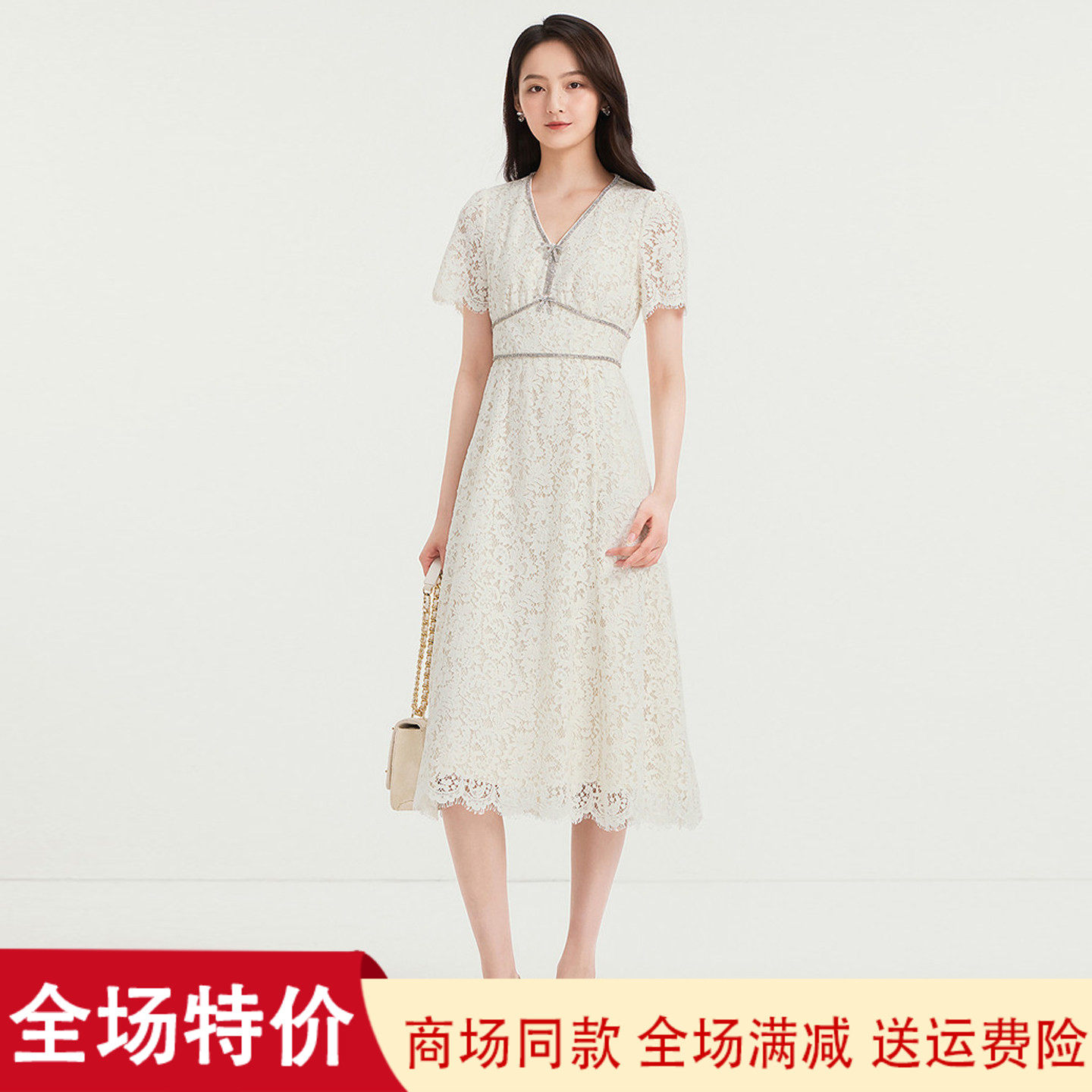 珂莱商场同款26夏季新款千金风蕾丝显瘦V领短袖连衣裙女KF12192F1