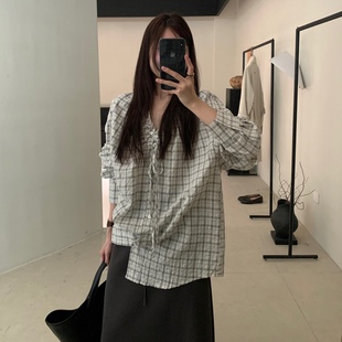 韩系薄衬衣 Leaves系带格子衬衫 女早秋款 宽松休闲百搭长袖 上衣法式
