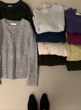 Leaves慵懒风叠穿宽松显瘦纯色圆领毛针织衫女秋冬新款套头厚毛衣