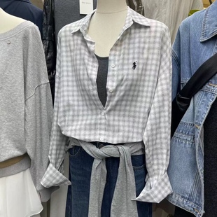 衬衫 Leaves早秋小马刺绣格子长袖 女韩系叠穿百搭翻领排扣质感外套