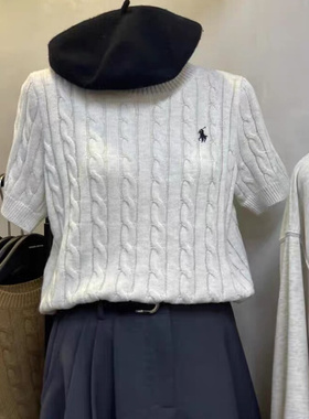 Leaves软糯亲肤麻花短袖针织衫女韩版气质百搭款圆领套头刺绣上衣