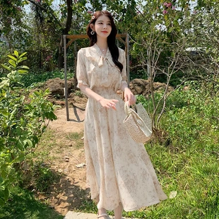 新款 法式 夏季 甜美短袖 温柔风荷叶边气质长裙子 雪纺碎花连衣裙女装