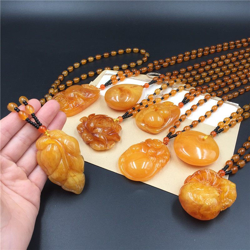 新款水滴树脂琥珀项链男女款双色福袋立体雕刻长款毛衣链民族风