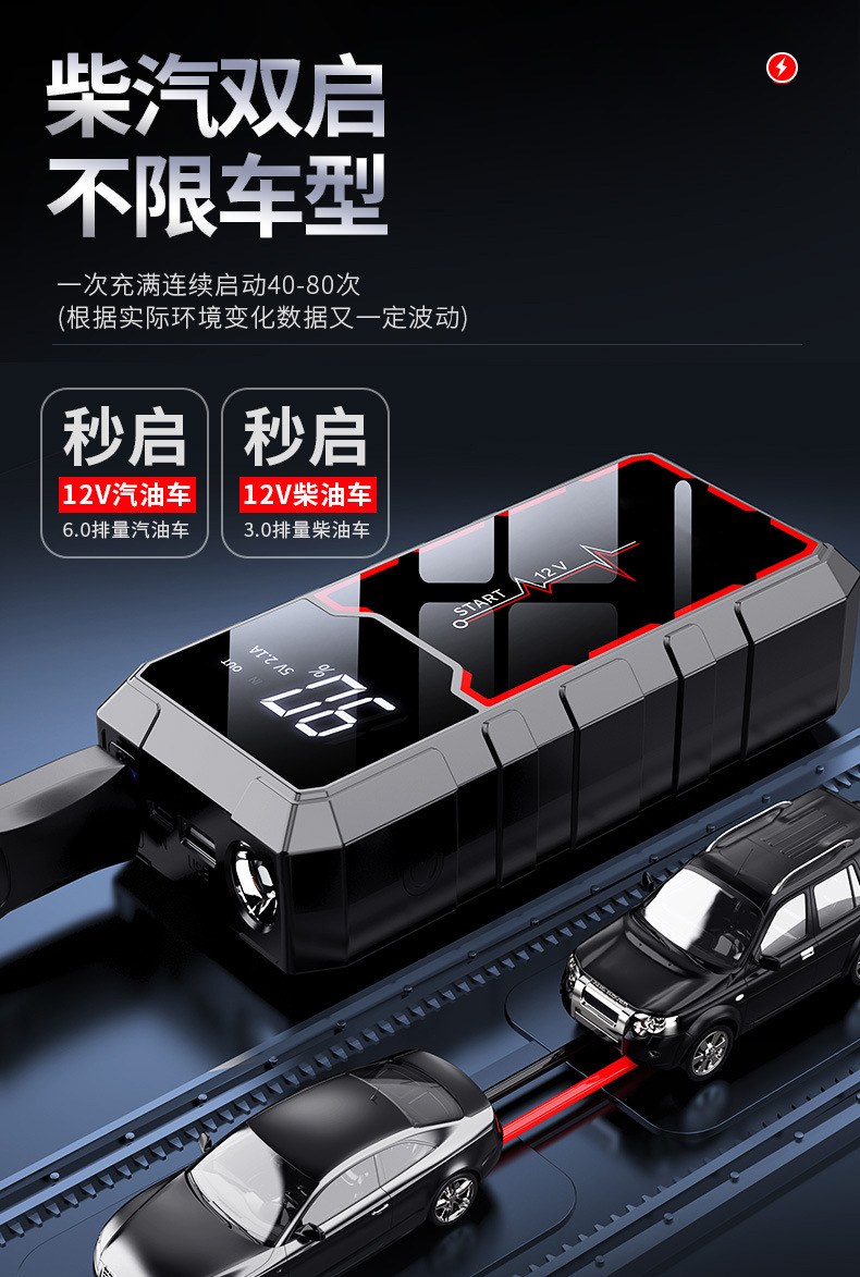 汽车应急启动电源12V电瓶亏电搭电宝户外自驾汽车熄火救援启动器