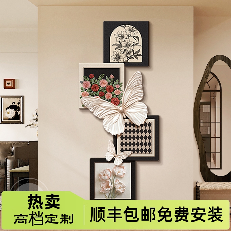 法式中古风入户玄关装饰画玫瑰蝴蝶壁灯客厅挂画复古走廊过道壁画图片