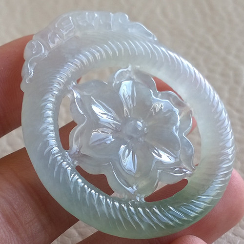 翠清苑天然A货翡翠缅甸玉吊坠冰种花朵对牌独特冰透水润细腻 jh