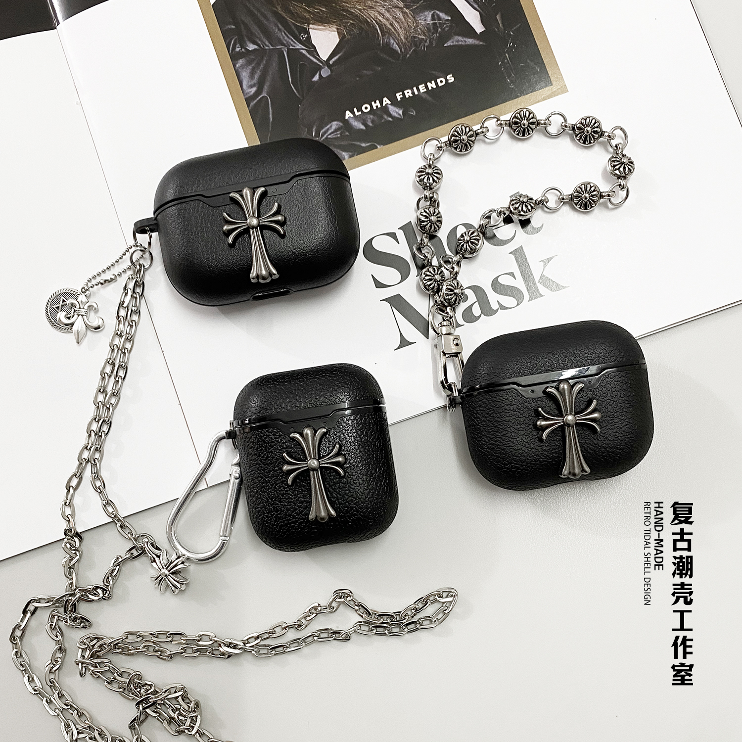 潮牌古十字架斜挎链条耳机壳小众