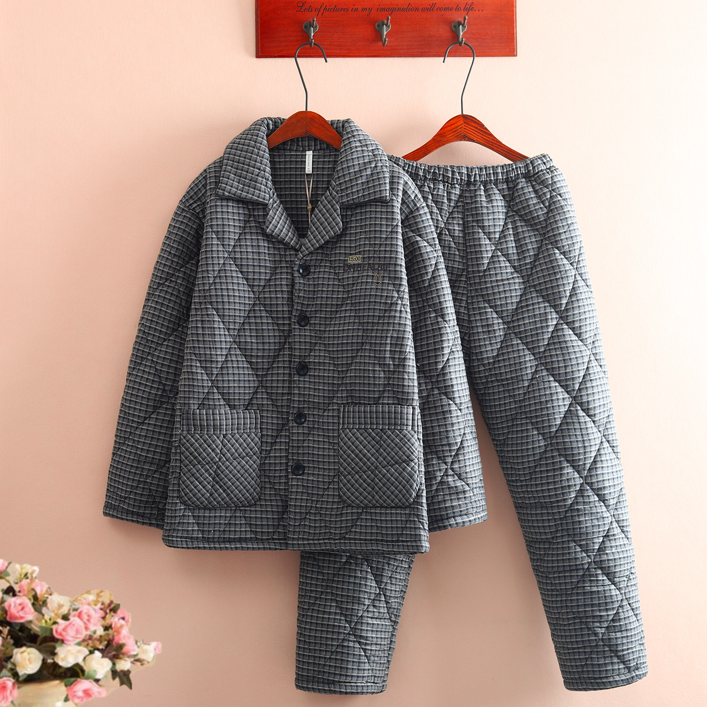 男士全棉色织格夹棉睡衣冬季三层加厚加绒保暖梭织纯棉布家居服套,女士内衣/男士内衣/家居服,睡衣/家居服套装,淘宝优惠券,粉丝福利购,淘宝优惠卷