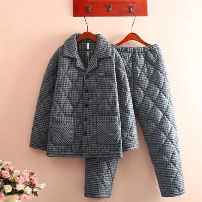 男士全棉色织格夹棉睡衣加厚加绒