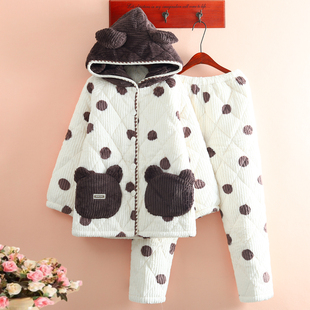 超萌奶牛珊瑚绒夹棉睡衣女冬季三层加厚水貂绒卡通可爱连帽家居服