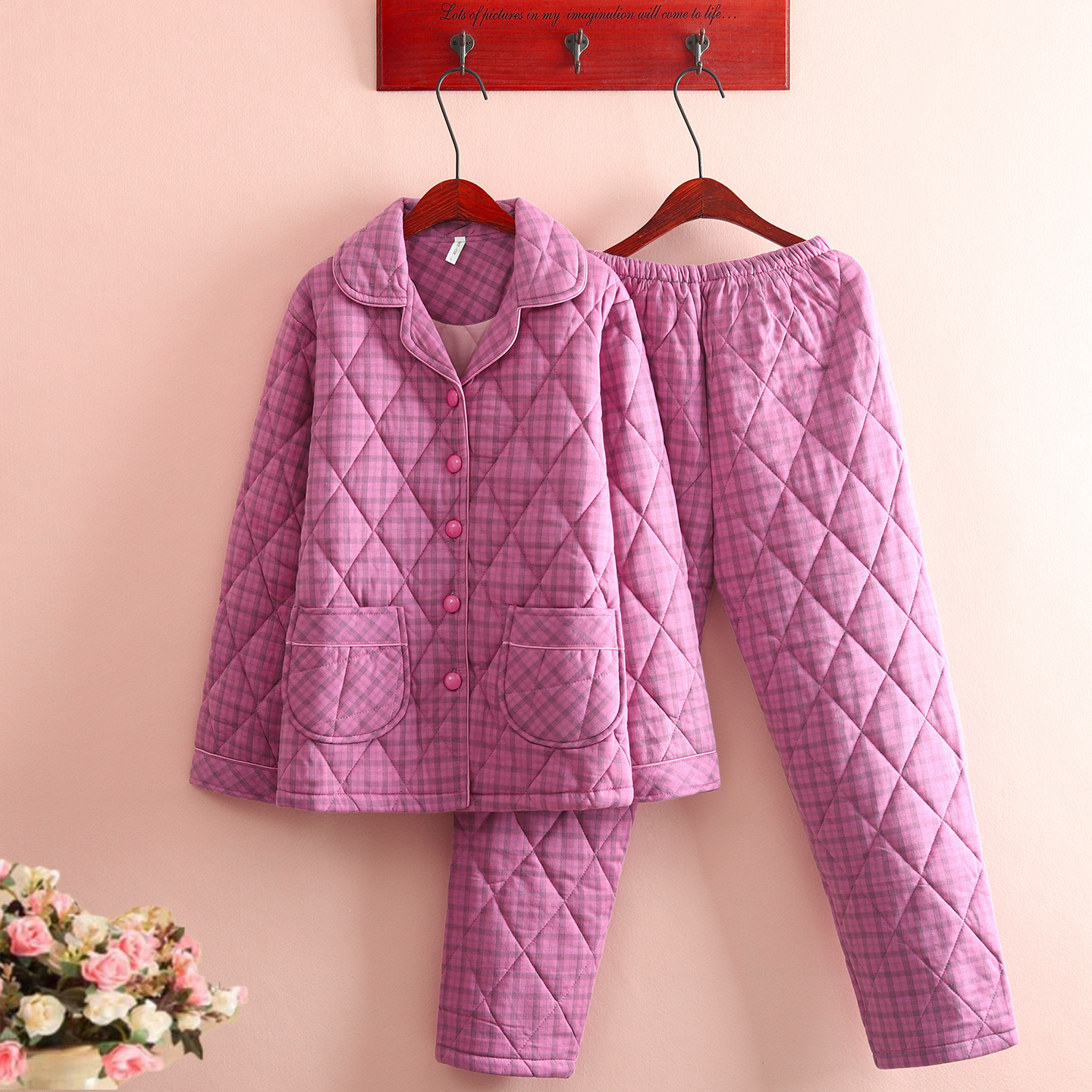 薄款100%纯棉夹棉睡衣女秋冬季全棉中老年人保暖薄棉袄家居服套装