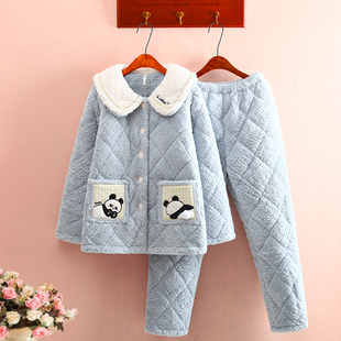 软绵绵小熊猫珊瑚绒夹棉睡衣女冬三层加厚法兰绒卡通可爱家居服套