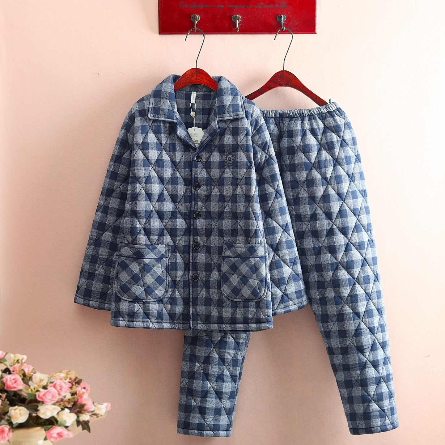 加厚款男士100%纯棉夹棉睡衣全棉