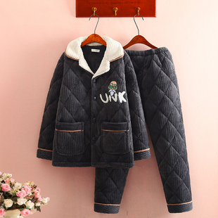 男士时尚可外穿珊瑚绒夹棉睡衣冬三层加厚保暖帅气卡通家居服套装