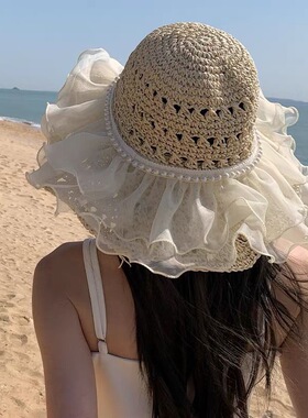 草帽海滩度假风超出片帽子氛围感女夏天防晒帽显脸小草编帽可折叠