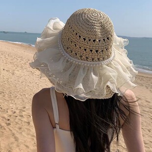 草帽海滩度假风超出片帽子氛围感女夏天防晒帽显脸小草编帽可折叠