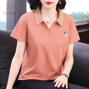 t恤女夏翻领中年妈妈宽松气质遮肚子胖子上衣休闲有领衫 纯棉短袖