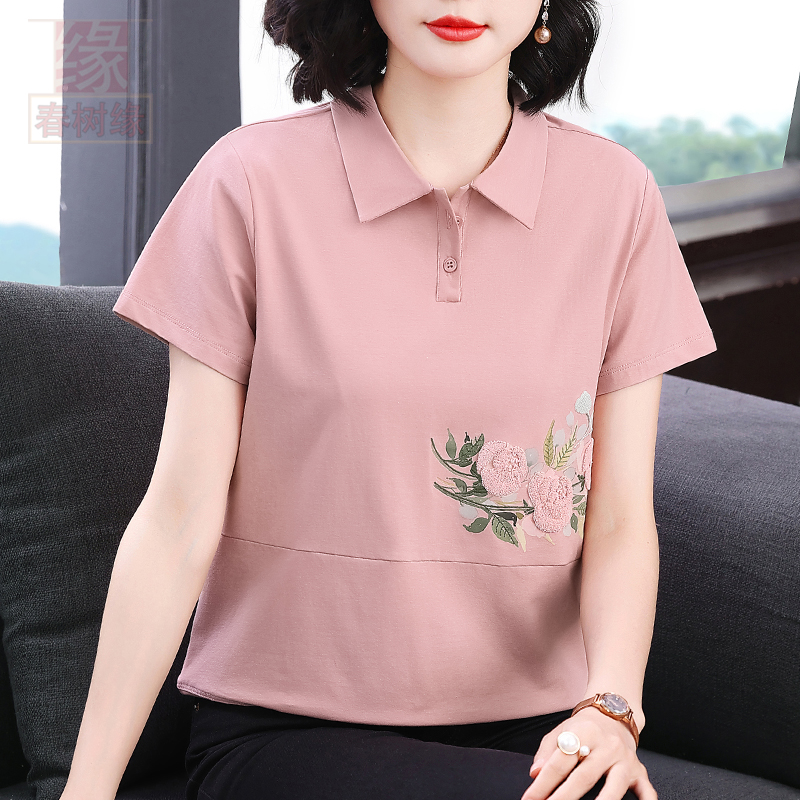 粉色短袖T恤女夏2025新款中老年妈妈夏季polo领上衣气质百搭女装