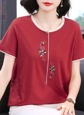 红色短袖T恤女夏纯棉2026新款妈妈装宽松圆领撞色刺绣百搭上衣服