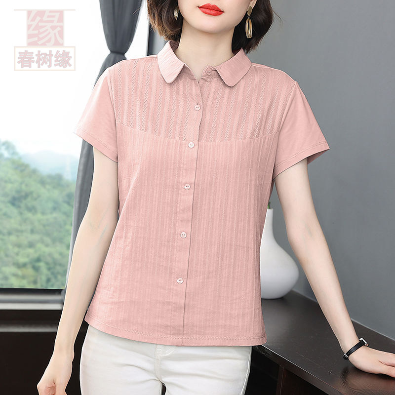 粉色纯棉套头短袖衬衫女夏薄气质翻领宽松纯色polo领t恤女士上衣