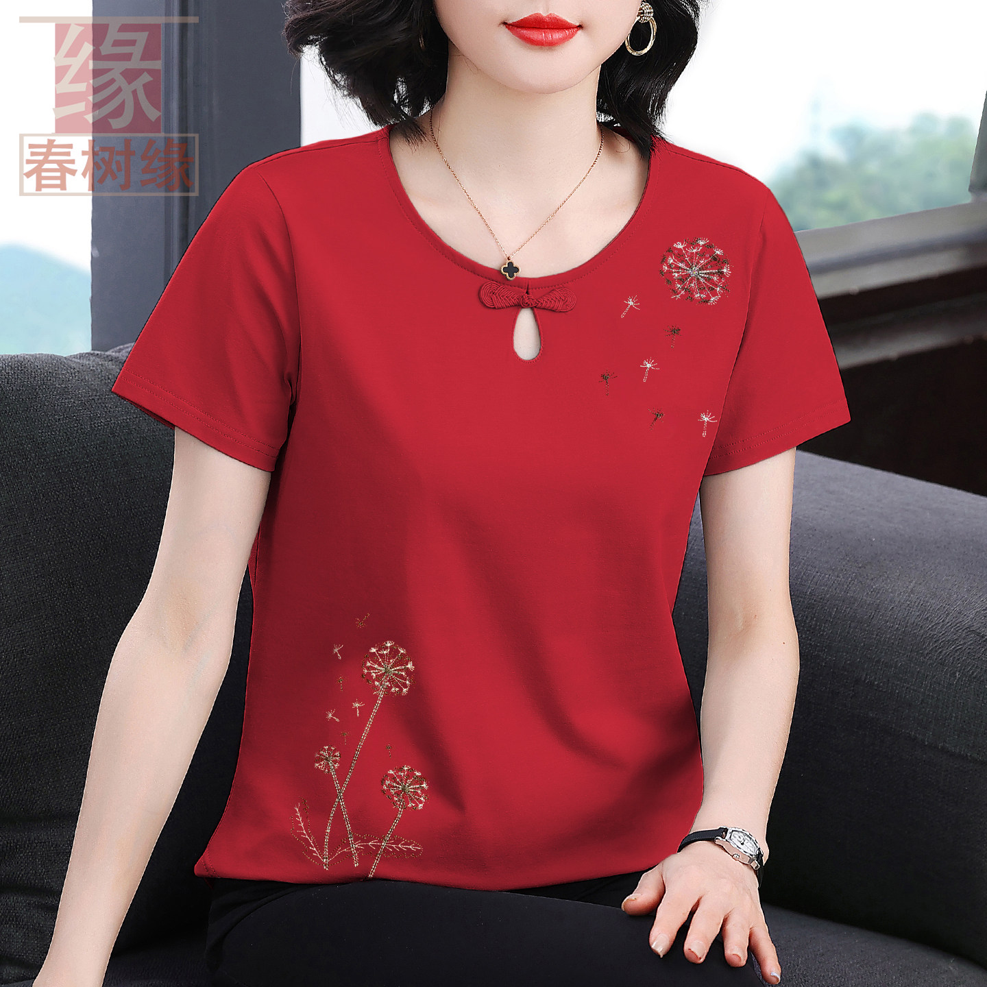 红色短袖T恤女夏季新款时尚镂空宽松妈妈装大码纯棉显瘦女装上衣