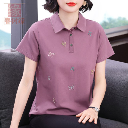 紫色纯棉刺绣T恤女夏新款polo领妈妈装宽松气质大码女装翻领上衣