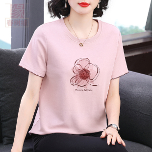 春树缘正品 百搭圆领宽松上衣 浅粉色短袖 T恤女夏纯棉中老年妈妈装