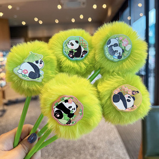 可爱熊猫卡通人物圆珠笔可爱熊猫个性绿色毛毛球笔手账笔