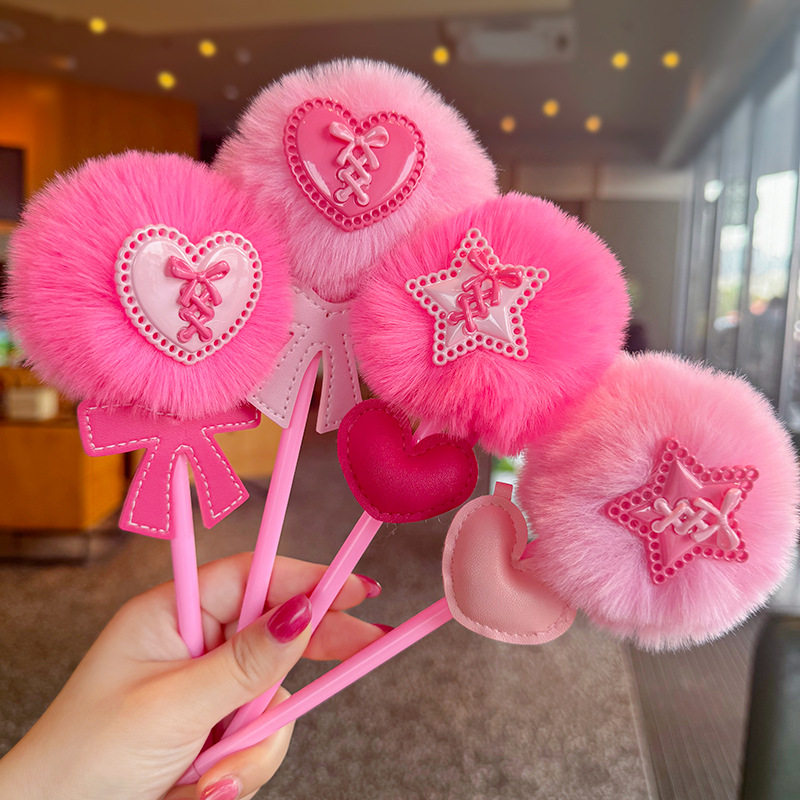 可爱爱心手账笔学生少女心创意星星圆珠笔儿童可爱文具圆形毛绒笔