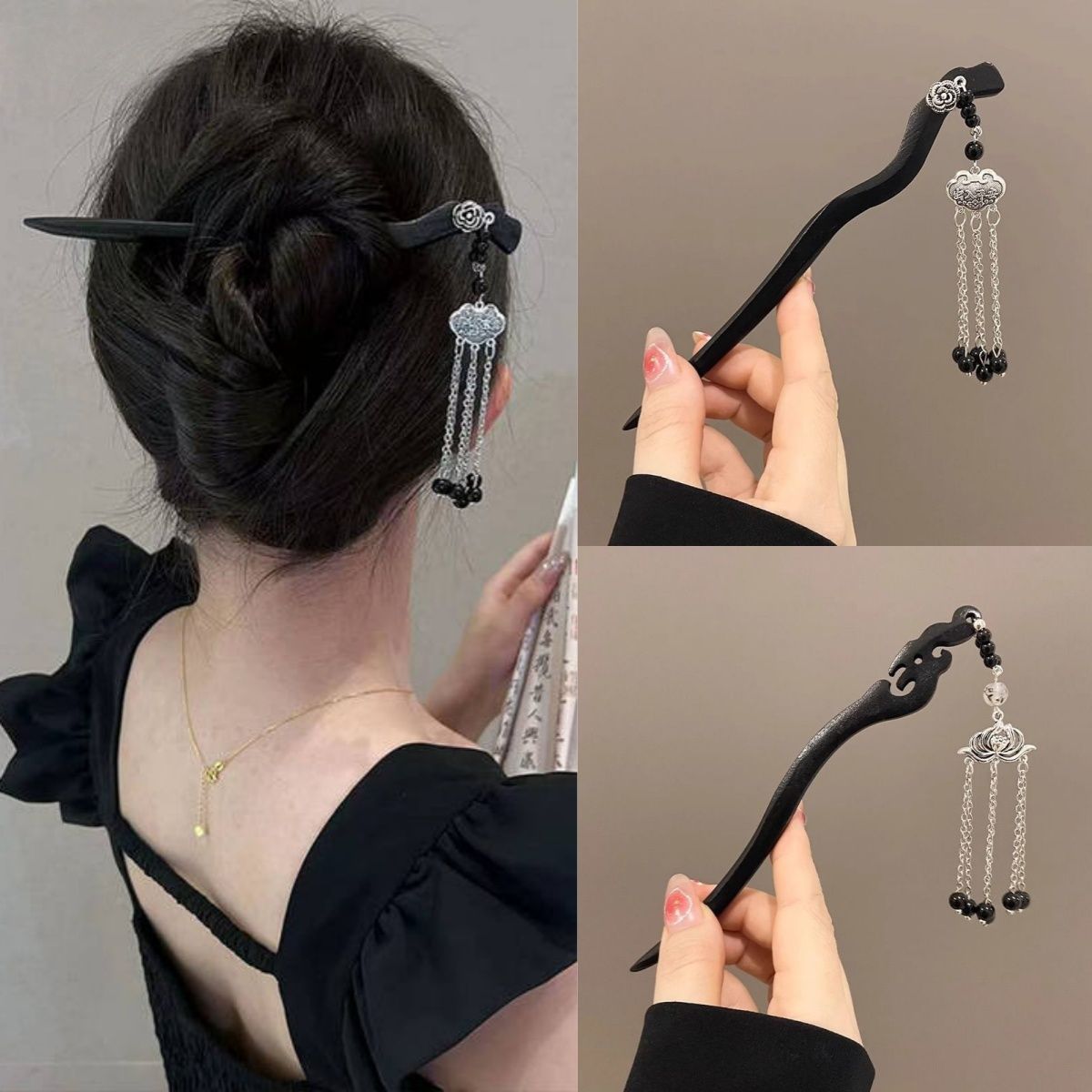 新中式流苏古风黑檀木发簪旗袍木簪发钗子汉服盘发头饰马面裙配饰