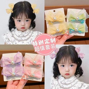 儿童果冻纱蝴蝶结发夹女童粉色立体兔耳对夹女孩小清新泡泡纱头饰