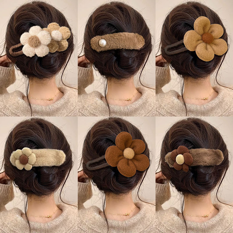 奶咖色花朵鸭嘴夹大号发夹