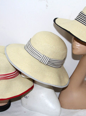 帽子大王信誉cP155韩版拉菲草沙滩遮阳帽大檐帽盆帽渔夫帽外贸3色