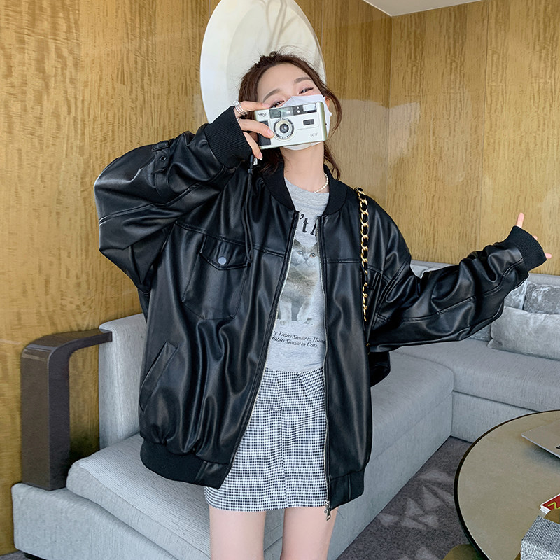 美式复古黑色皮衣外套女2025春季新款港风小个子宽松短款夹克上衣,女装皮衣,淑塔可可