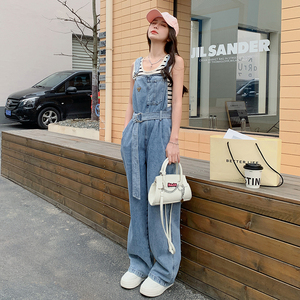 浅蓝色牛仔背带裤套装夏季女2024新款韩版收腰显瘦条纹背心两件套图片